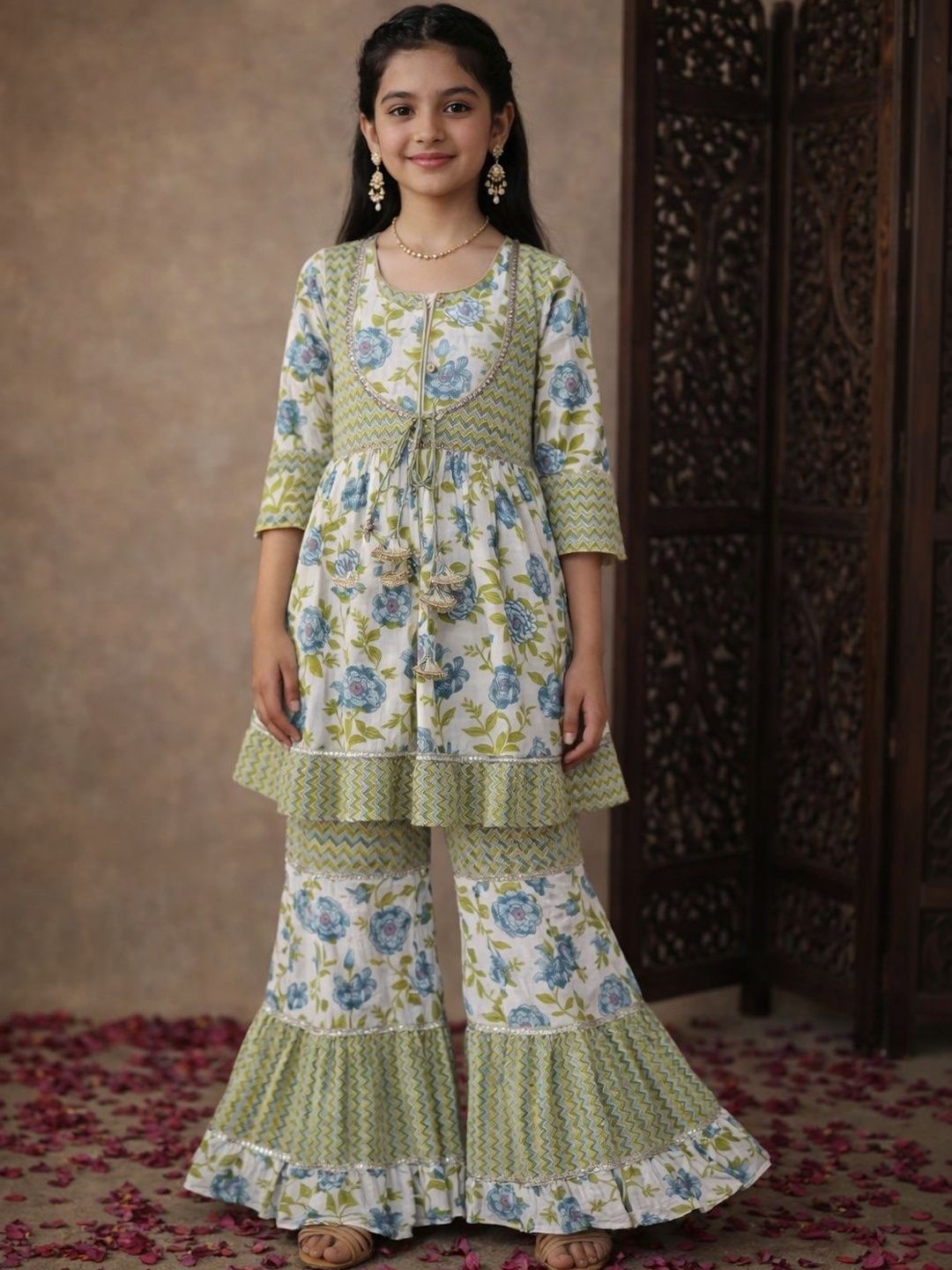 Aarika Girls Floral Printed Empire Thread Work Pure Cotton Kurti with Sharara-picture-13