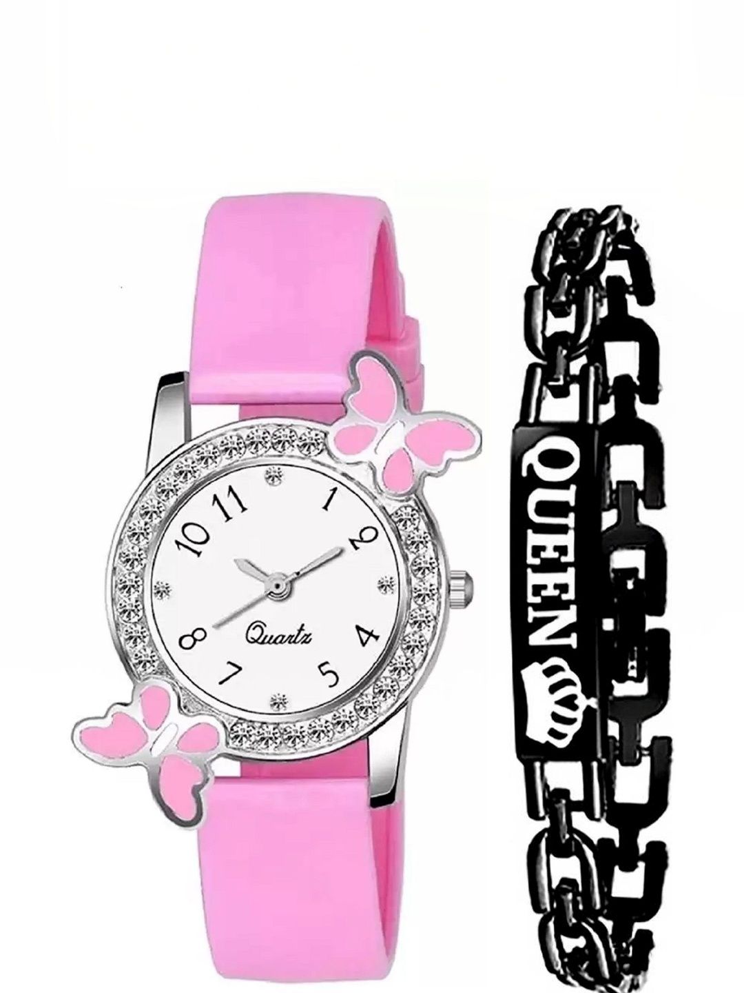 Blutech Kids Dial & Silicon Straps Watch NMRR-04 PINK BUTTERFLY + QUEEN BLACK BRACELET-image-48