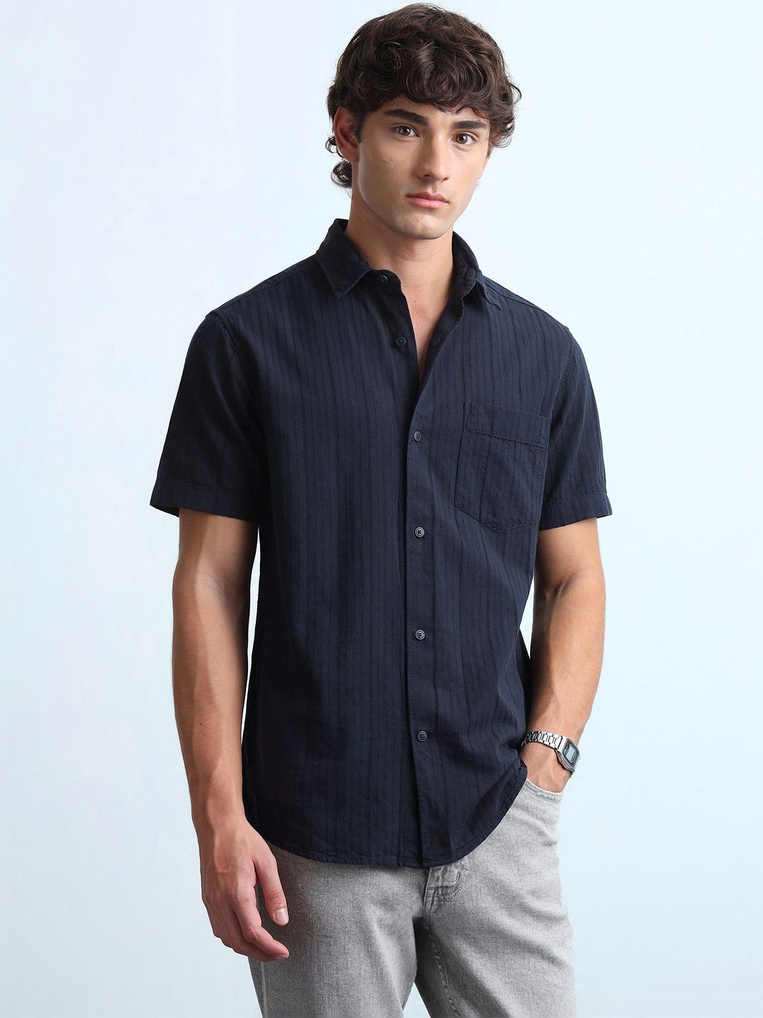 Flying Machine Men's Self Design Vertical Striped Slim Fit Shirts-picture-13