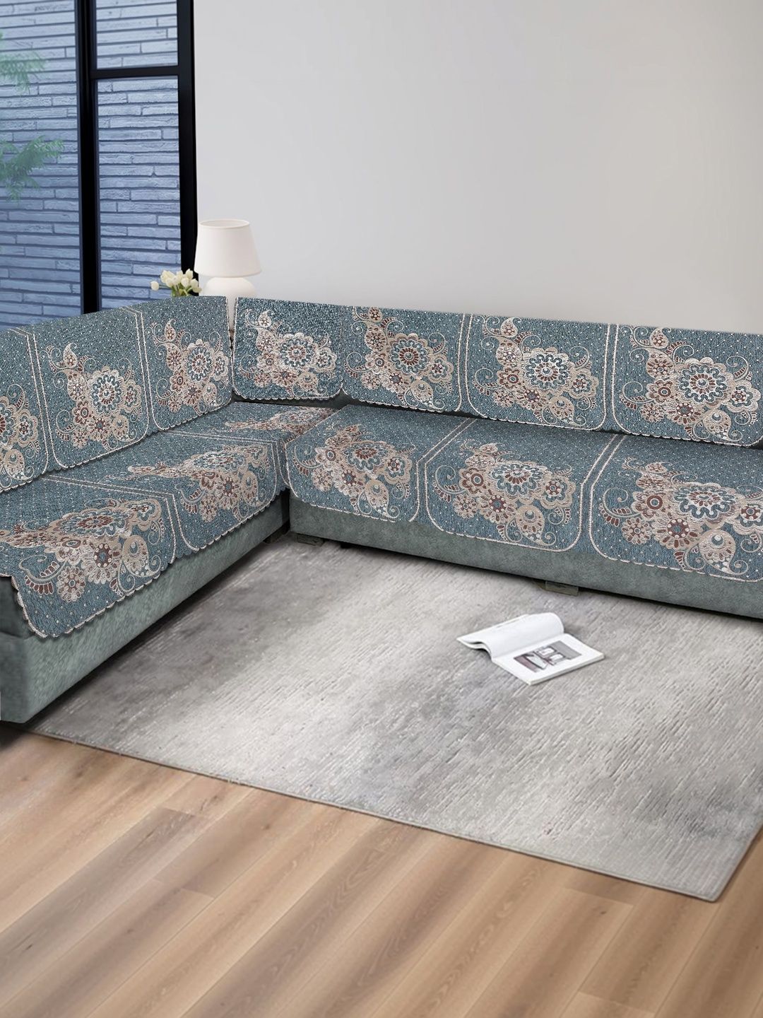 MULTITEX Sea Green & Teal Printed Sofa Cover Without Arms-image-39