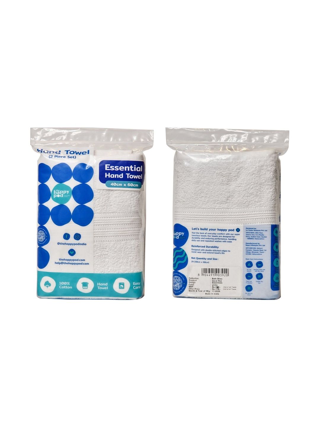 The Happy Pod 2 Pieces White Cotton Hand Towels-picture-22