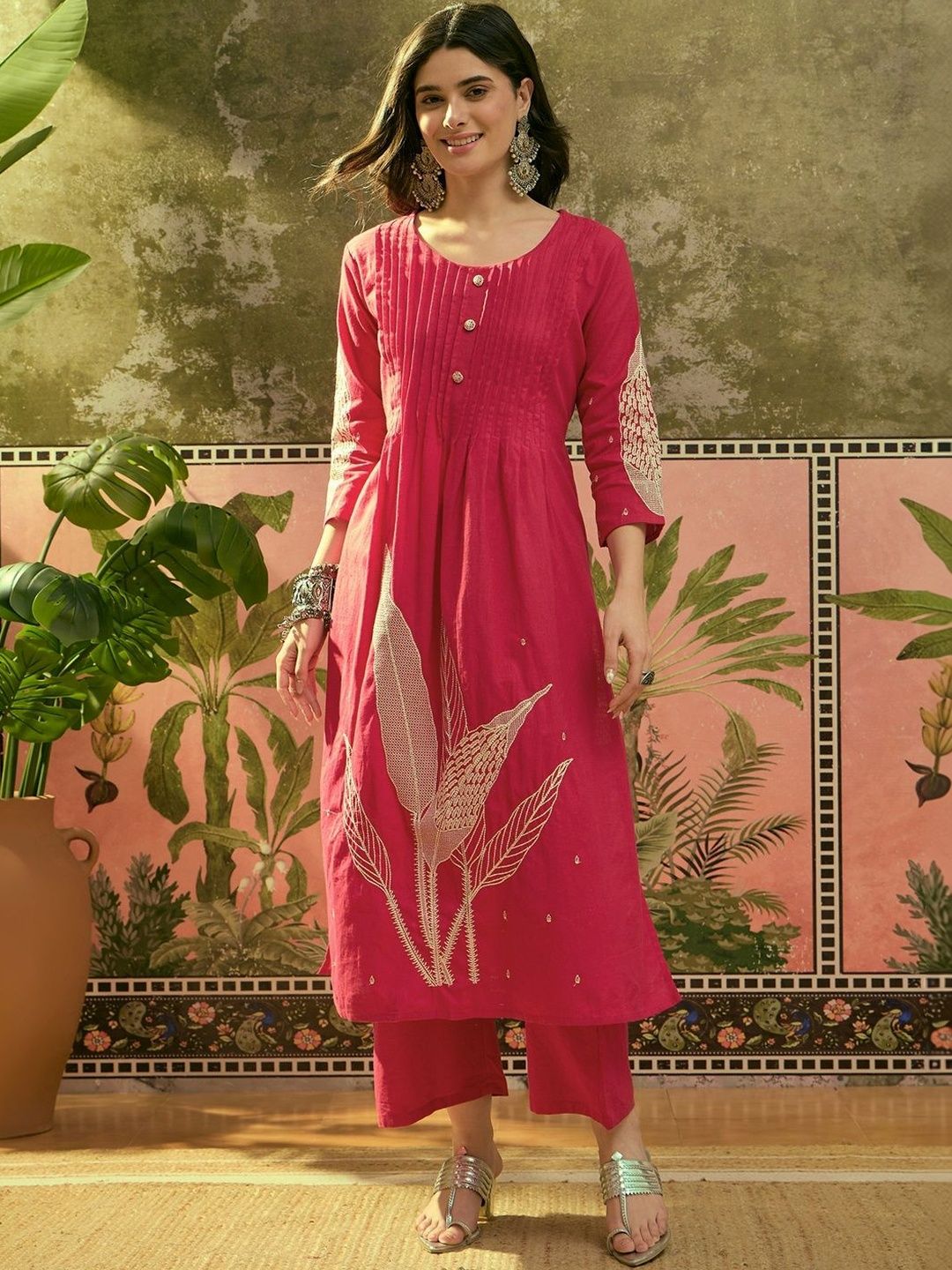 Sangria Embroidered Pure Cotton Round Neck Kurta & Trousers-picture-25