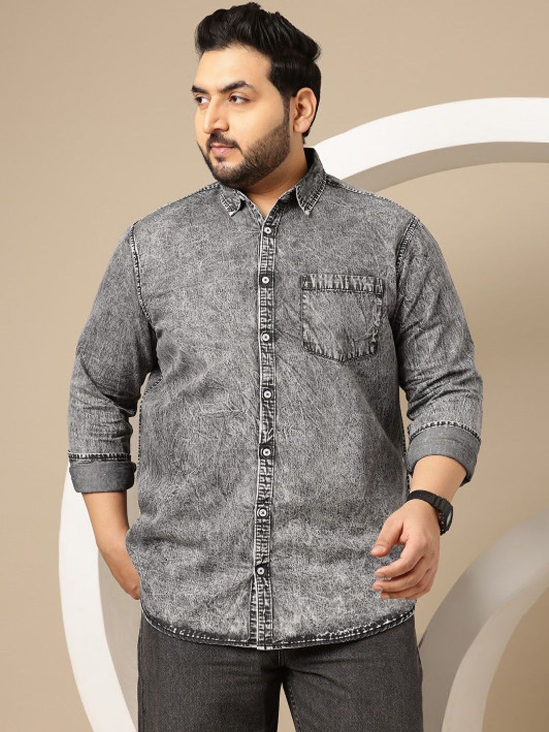 StyleCast Grey Color Regular Denim Shirts-image-0