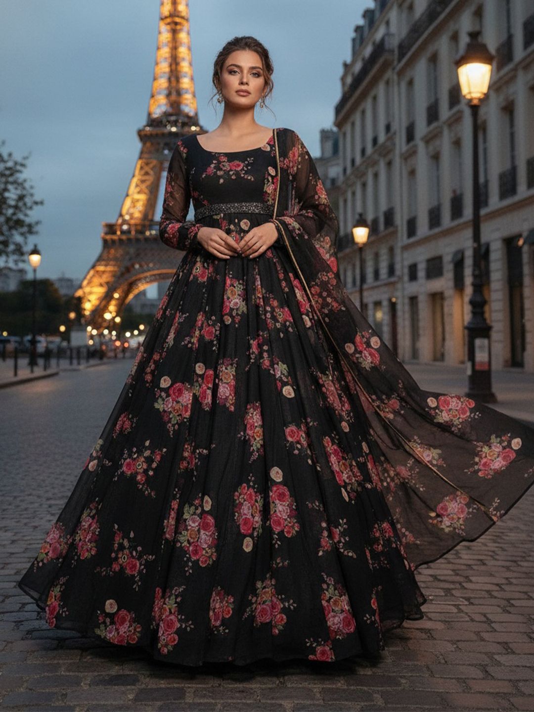 RAIYANI FABRICS Floral Printed Round Neck Fit & Flare Maxi Ethnic Dresses-image-23