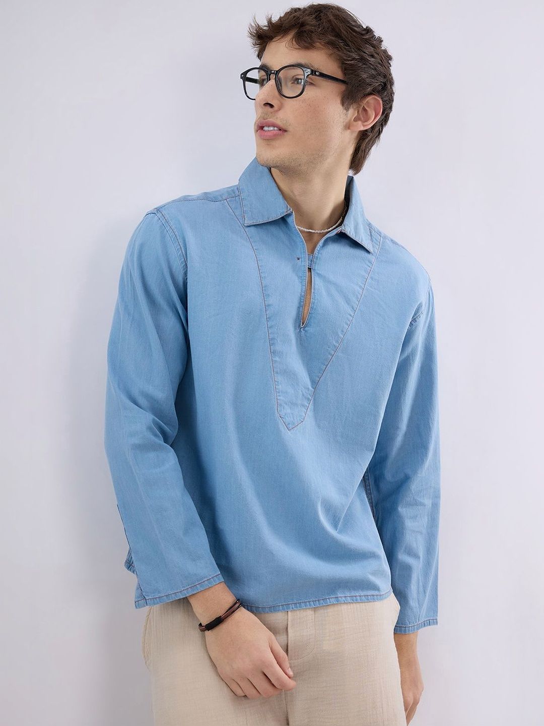 VASTRADO Blue Breeze Soft-denim Cuffless Oversized Shirts-image-7