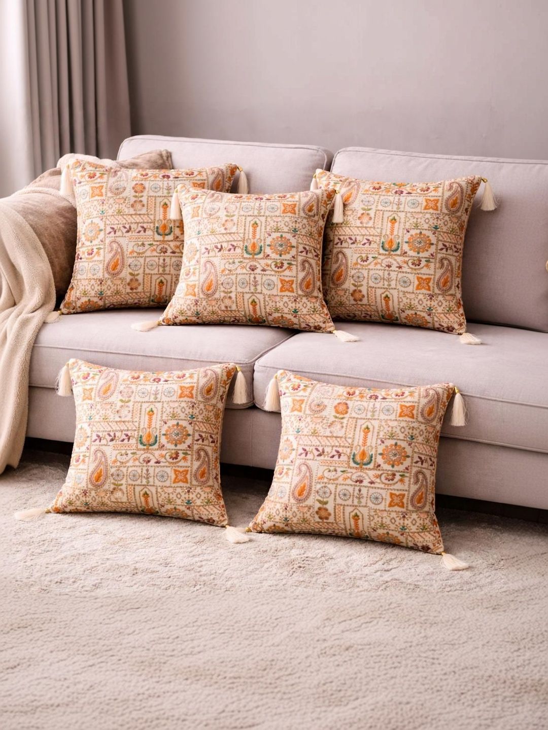 MONKDECOR Orange Set of 5 Embroidered Square Cushion Covers-image-26