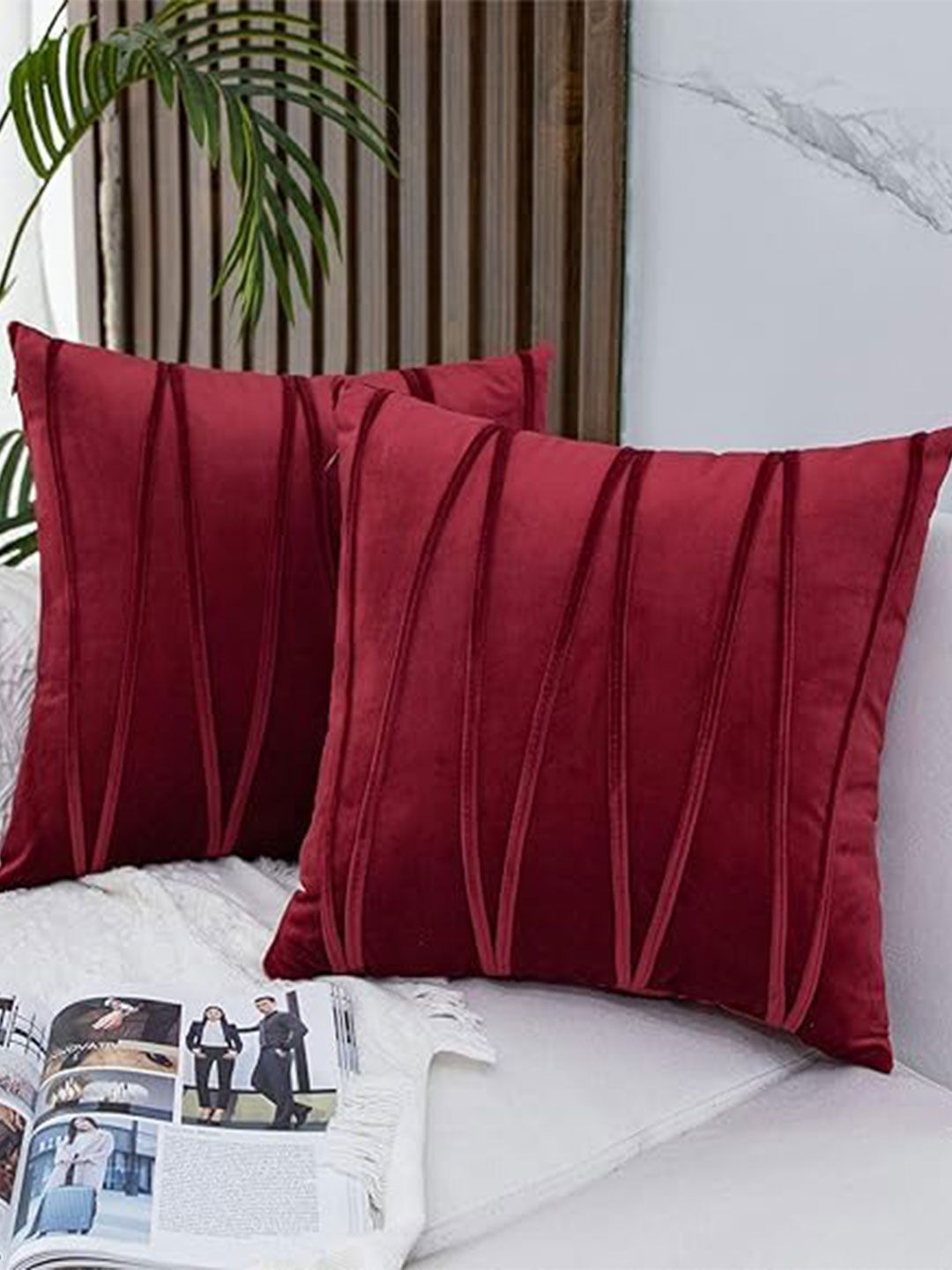 KNOTTING HOME Burgundy Set of 2 Velvet Square Cushion Covers-image-34