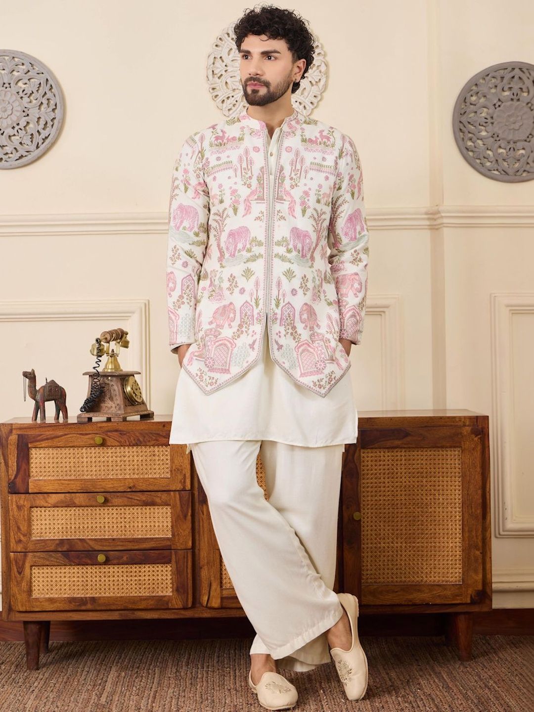 House of Pataudi Mandarin Collar Kurta & Trousers With Printed Jacket-picture-43
