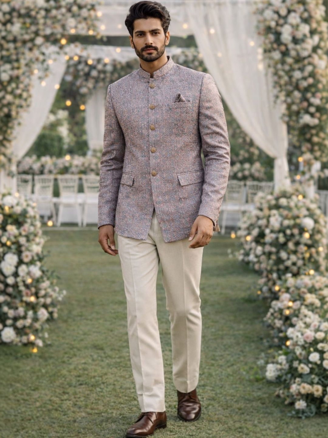 House of Pataudi Jacquard Self Design Mandarin Collar Jodhpuri Bandhgala Blazers-picture-11