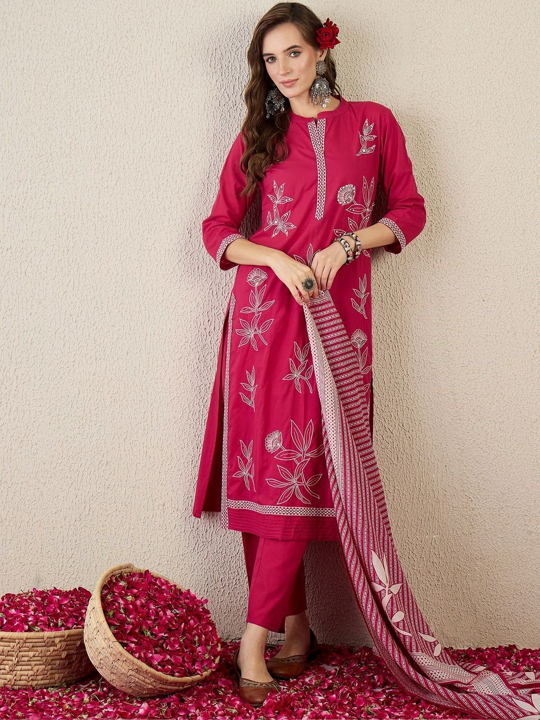 Indo Era Women Floral Embroidered Regular Beads and Stones Pure Cotton Kurta with Trousers & With Dupatta-picture-13