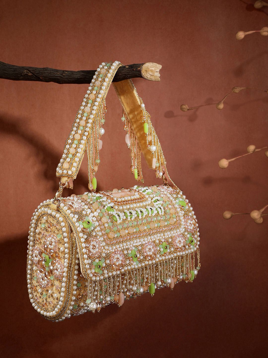 Anekaant Blush & Bead Beige & Pastel Multi Accent Beads Embellished Velvet Clutch-picture-46
