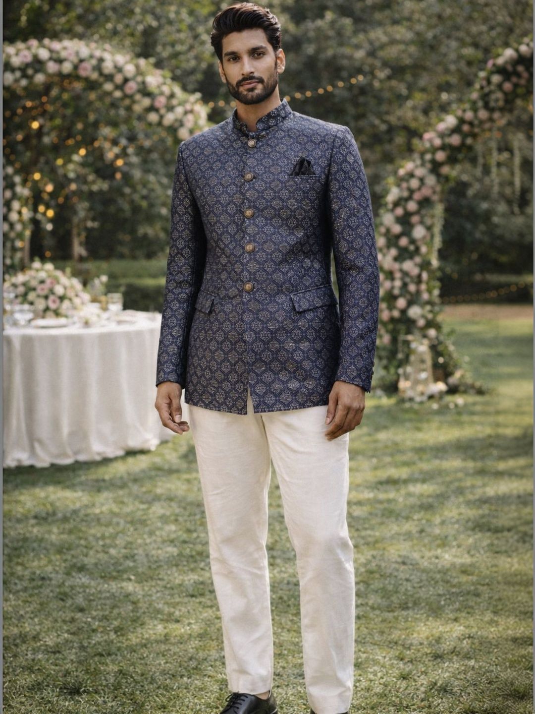 House of Pataudi Jacquard Self Design Mandarin Collar Jodhpuri Bandhgala Blazers-picture-56