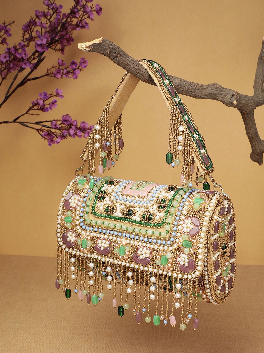 Anekaant Blush & Bead Metallic Gold & Pastel Multi Accent Beads Embellished Velvet Clutch-picture-22