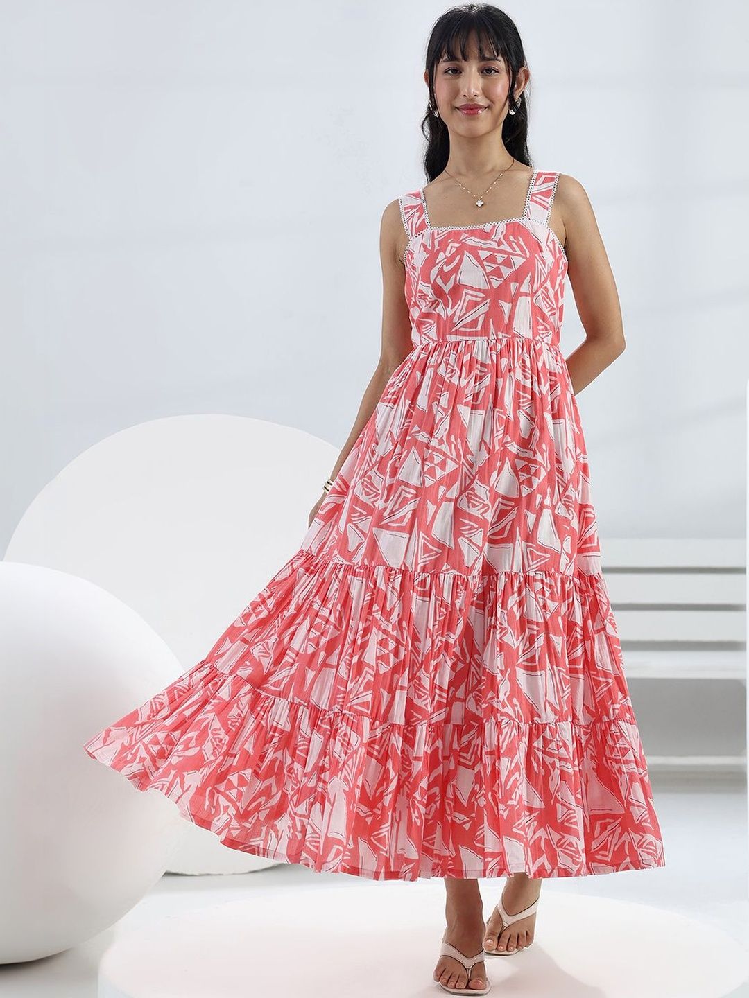 Libas Peach Abstract Printed Cotton One-Piece Tiered Dress-picture-11