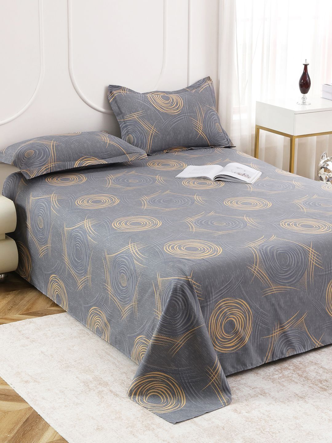 Story@home Grey & Beige 160 TC Bedsheet with 2 Pillow Covers-image-29