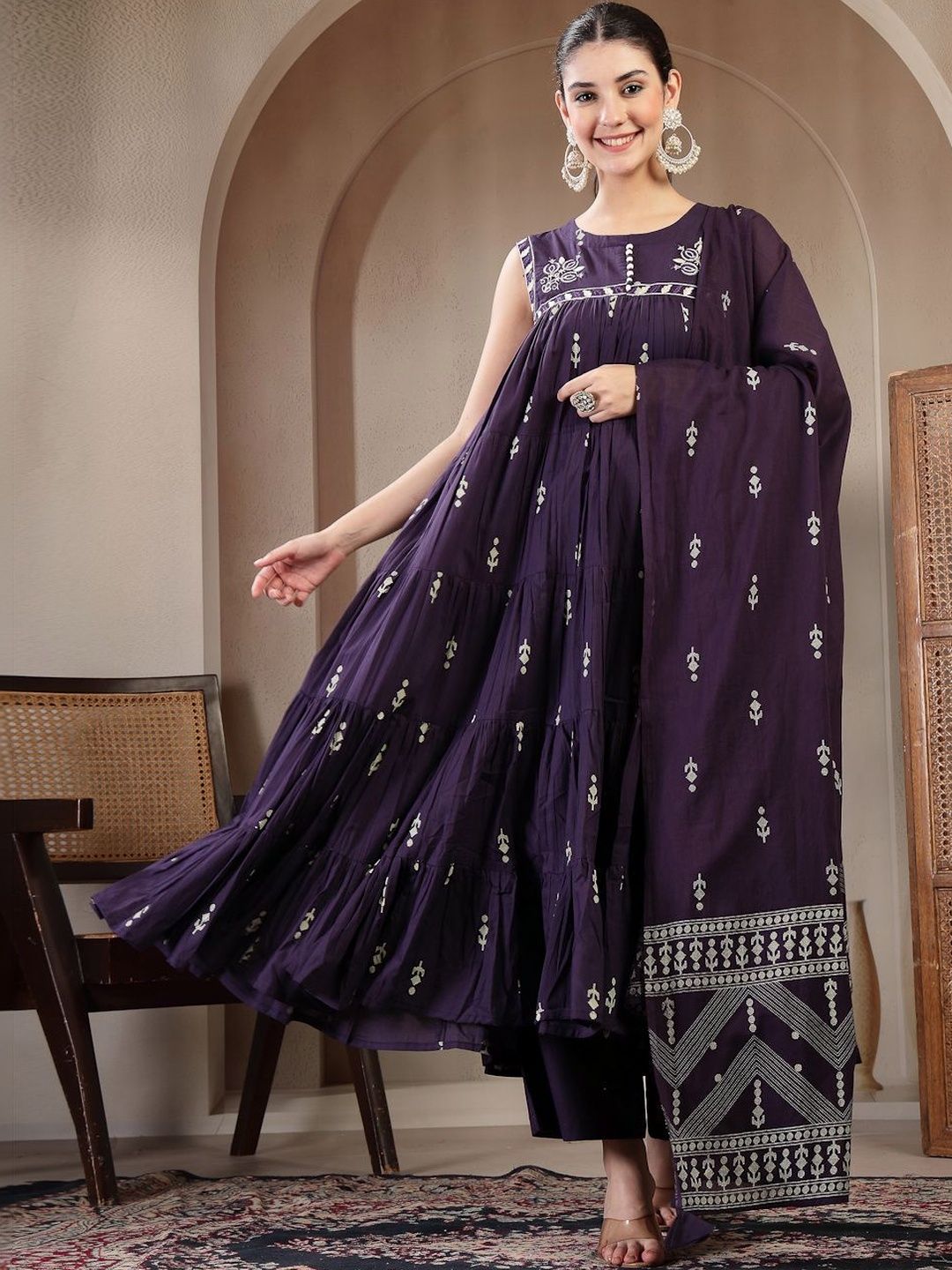 Sangria Printed Pure Cotton Round Neck Kurta & Palazzos With Dupatta-picture-26