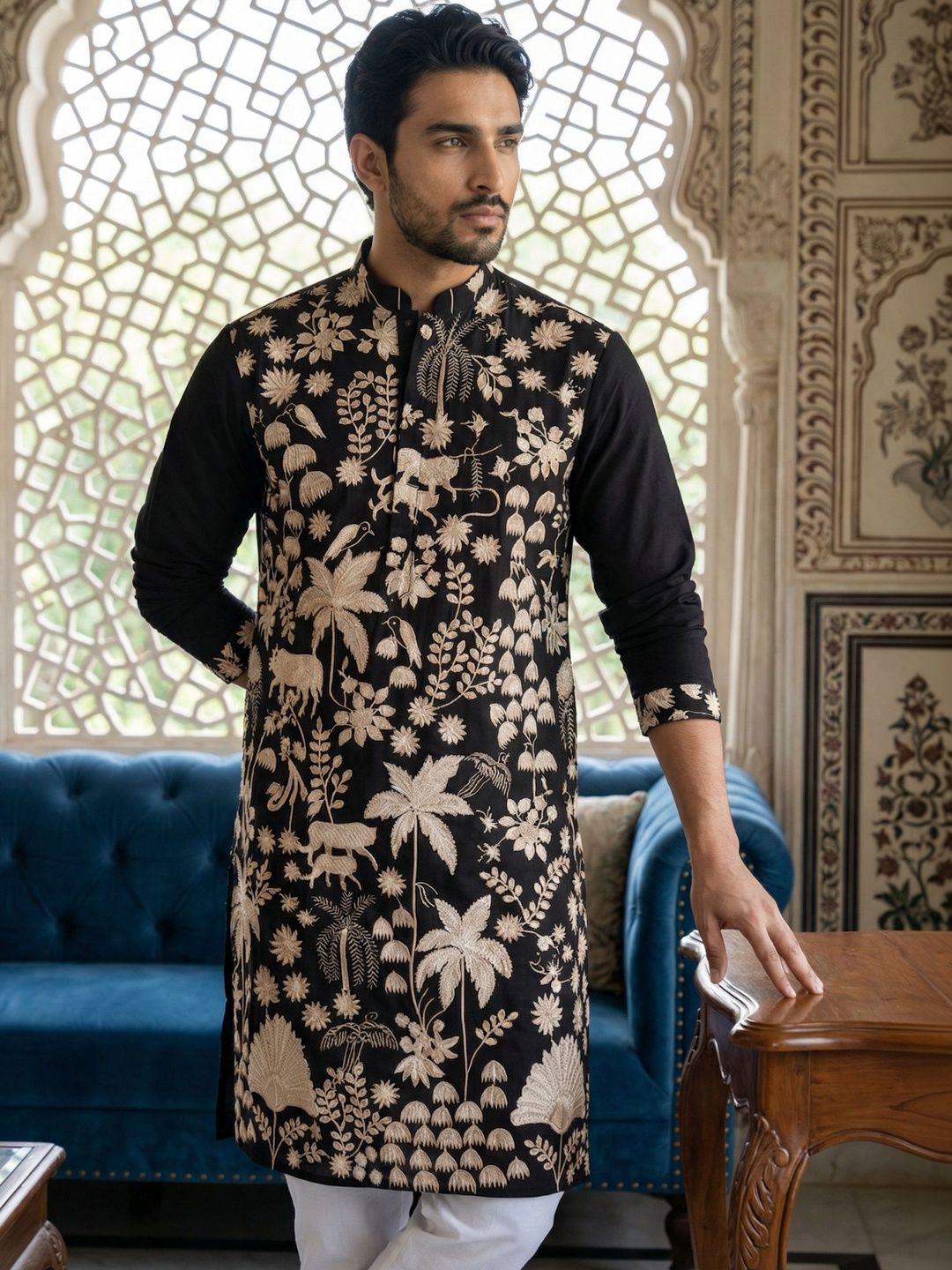 Jompers Men Floral Embroidered Chikankari Kurta-picture-11