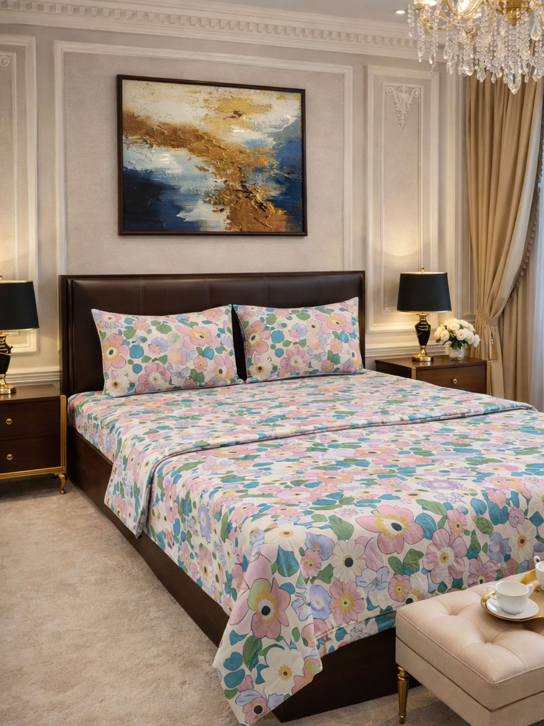 Steve & Anderson White & Pink Floral Other 4 Piece Double Queen Regular Bedding Set-picture-41