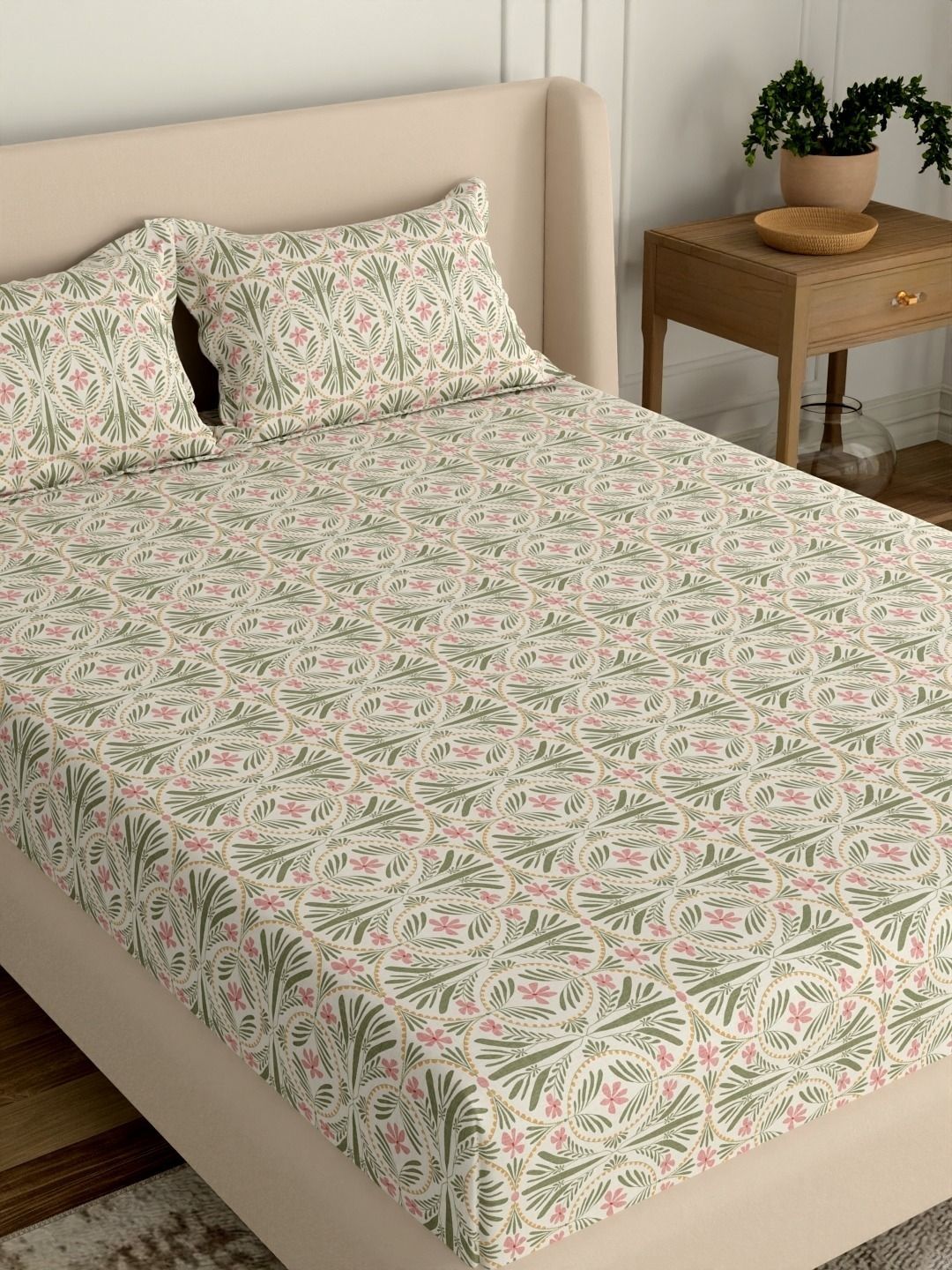 Portico Marvella 144 TC Pure Cotton Pink Floral King Fitted Sheet & 2 Pillow Covers-image-7