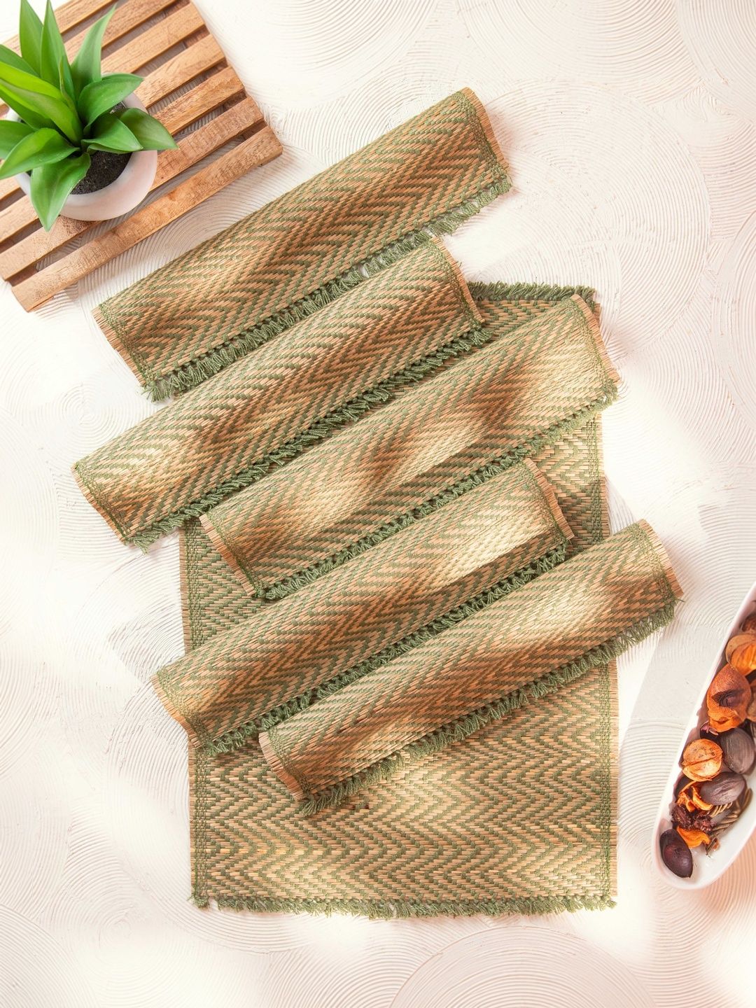 DHARINI 6 Pieces Green Striped Madurkathi Rectangle Table Placemats-picture-40