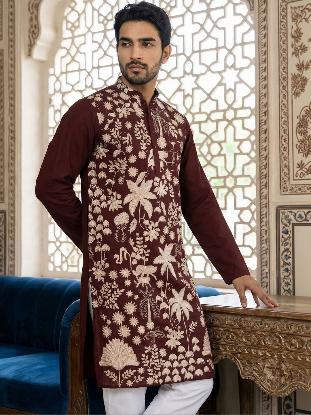 Jompers Men Floral Embroidered Chikankari Kurta-picture-50