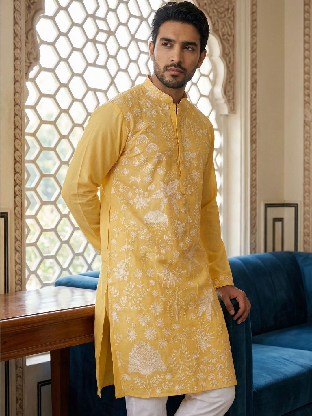 Jompers Men Floral Embroidered Chikankari Kurta-picture-25