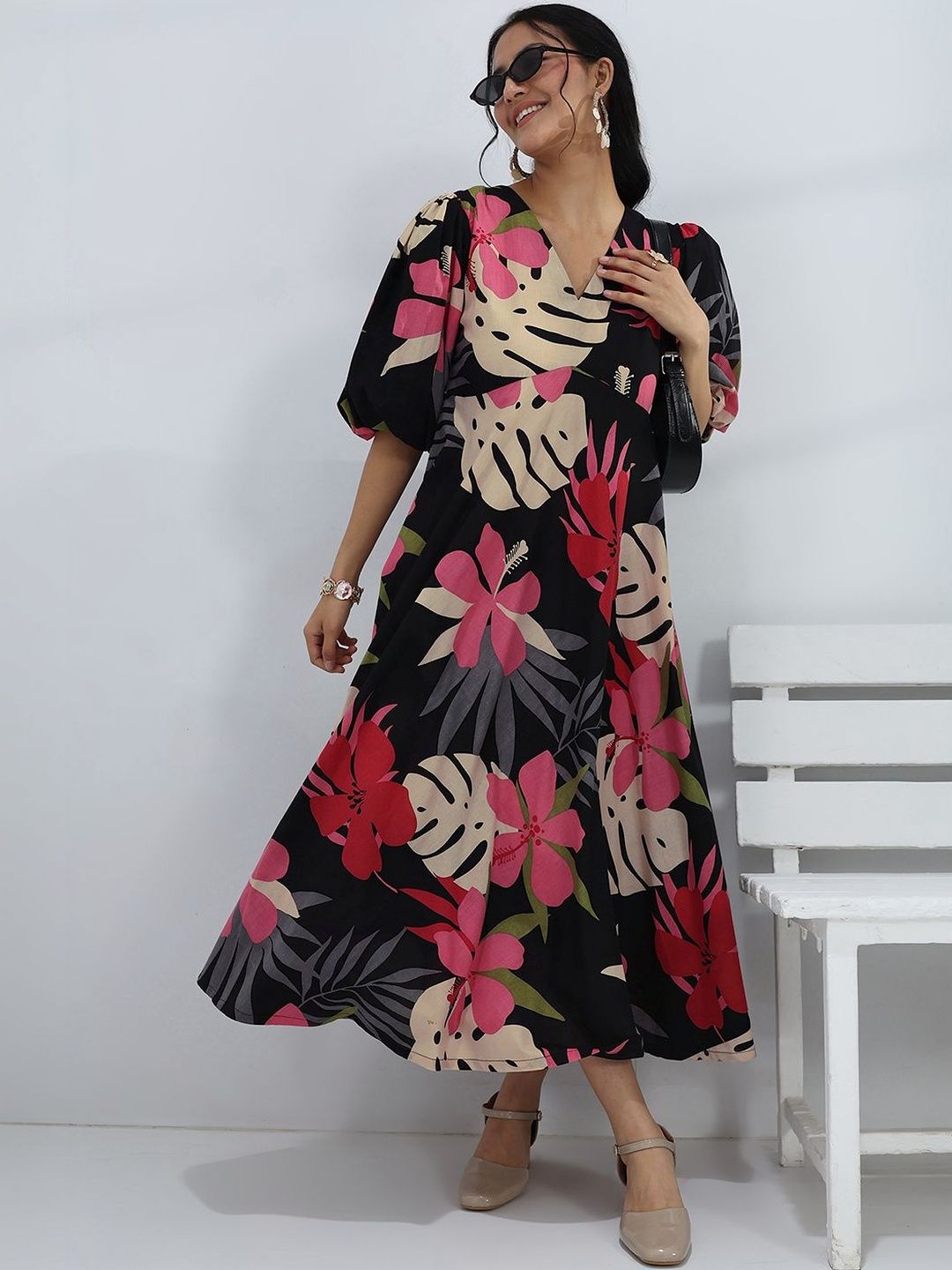 Libas Black Floral Printed Cotton A-Line One-Piece Dress-picture-15