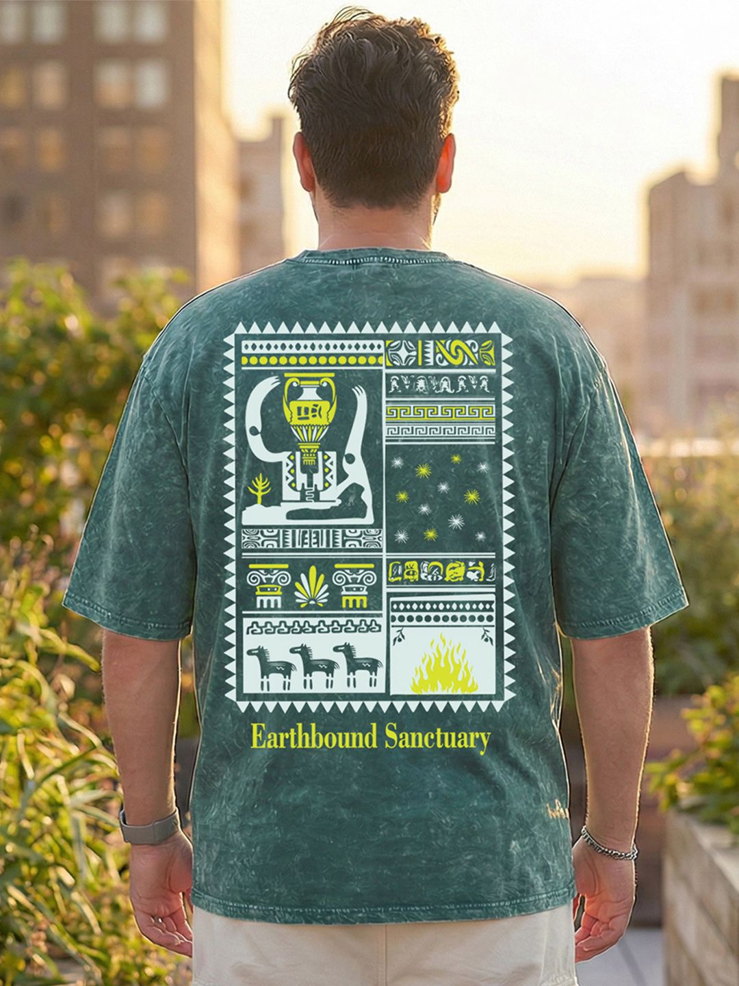 Bewakoof Plus Men Men Dark Sea Green Sanctuary Graphic Printed Oversized Plus Size T-shirt-picture-45