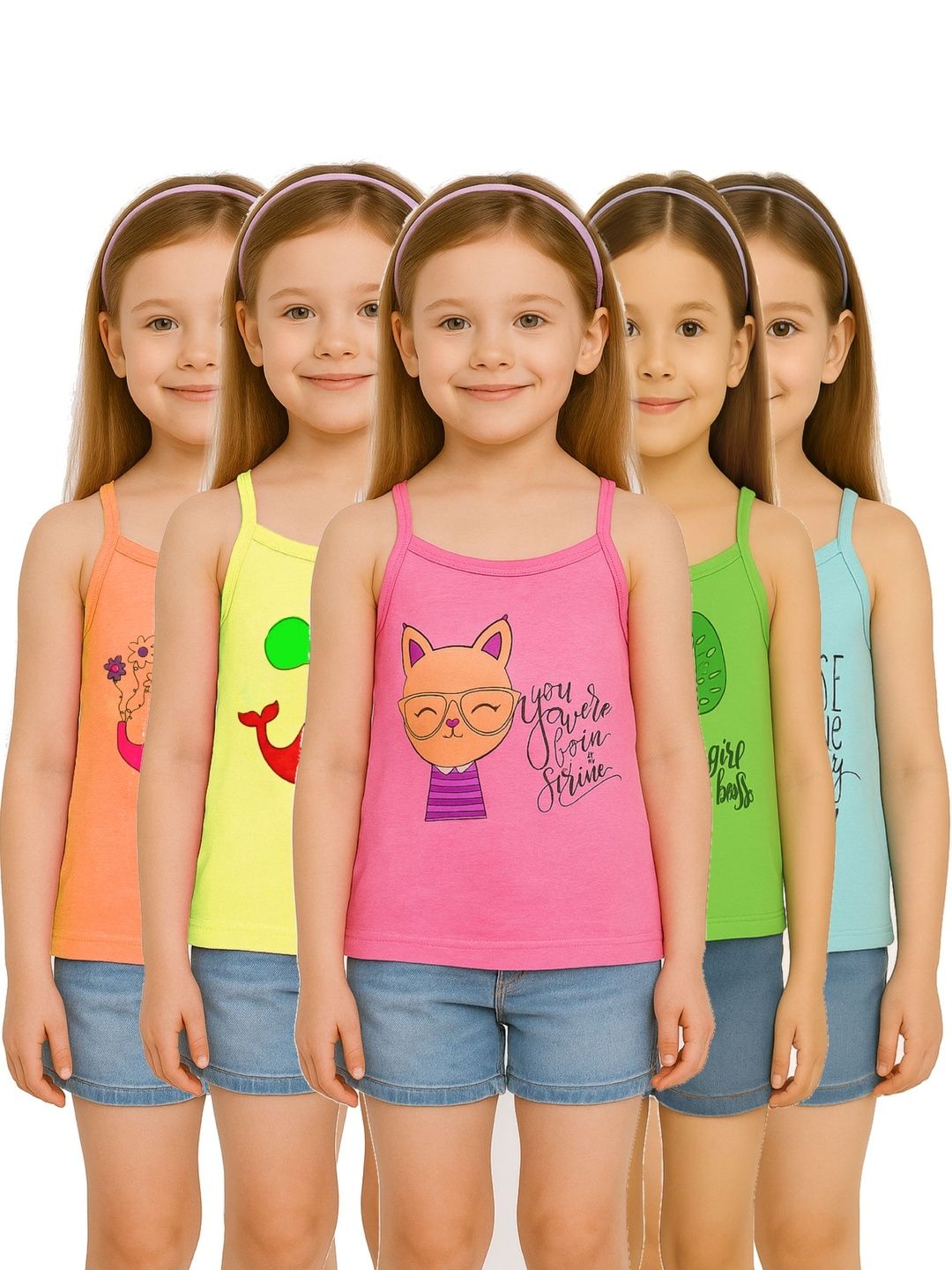 inner element Girls Pack Of 5 Printed Pure Cotton Camisoles-picture-4