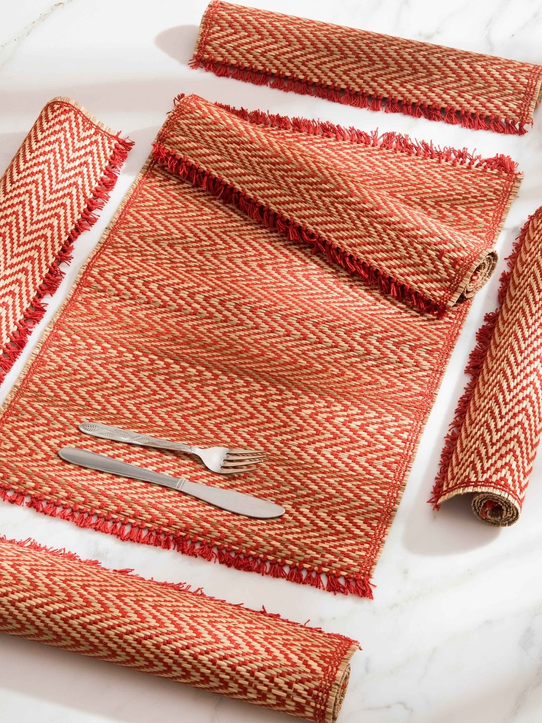 DHARINI 6 Pieces Rust Ethnic Motifs Madurkathi Rectangle Table Placemats-picture-29