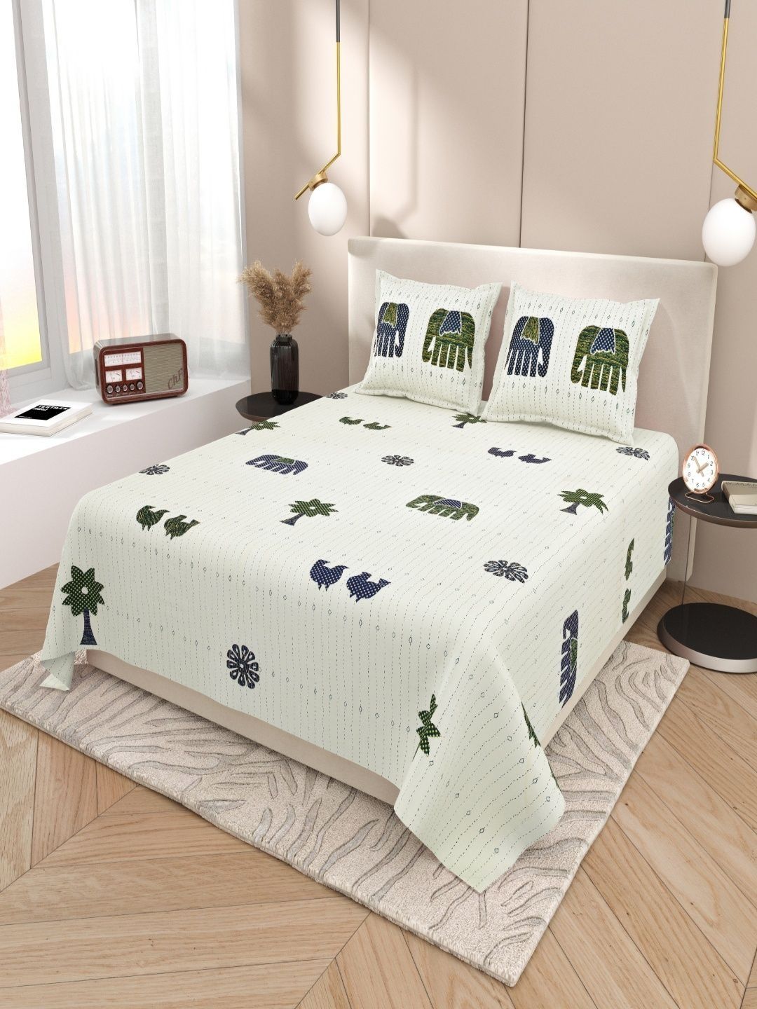 Sangria Green Animal Printed Soft Feel 120 TC Double Fine Bedsheets-image-20