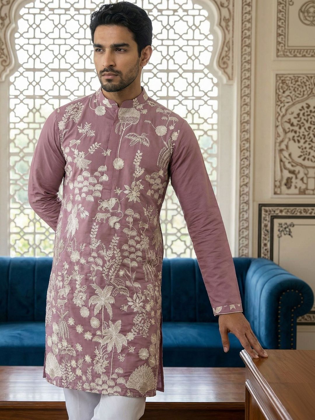 Jompers Men Floral Embroidered Chikankari Kurta-picture-13