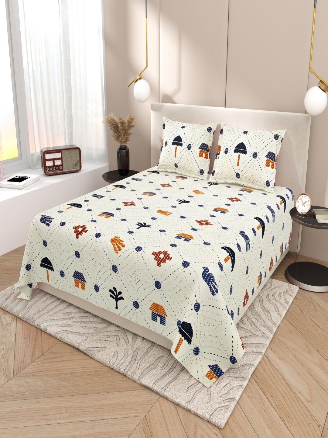 Sangria Blue Geometric Printed Soft Feel 120 TC Double Fine Bedsheets-picture-53