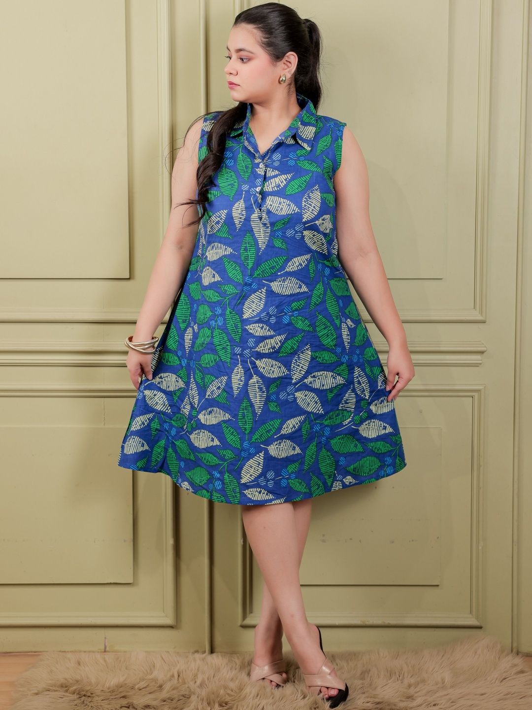 Woven Titli Floral Shirt Collar Pure Cotton Blend Kurti-image-4