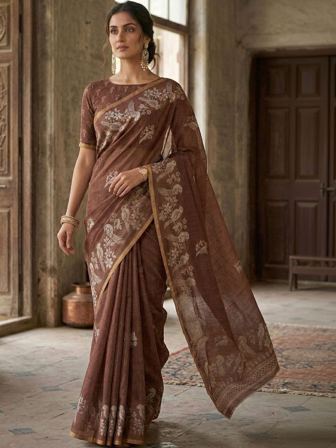STITCH N SOULS Floral Linen Blend Designer Chanderi Saree-picture-18