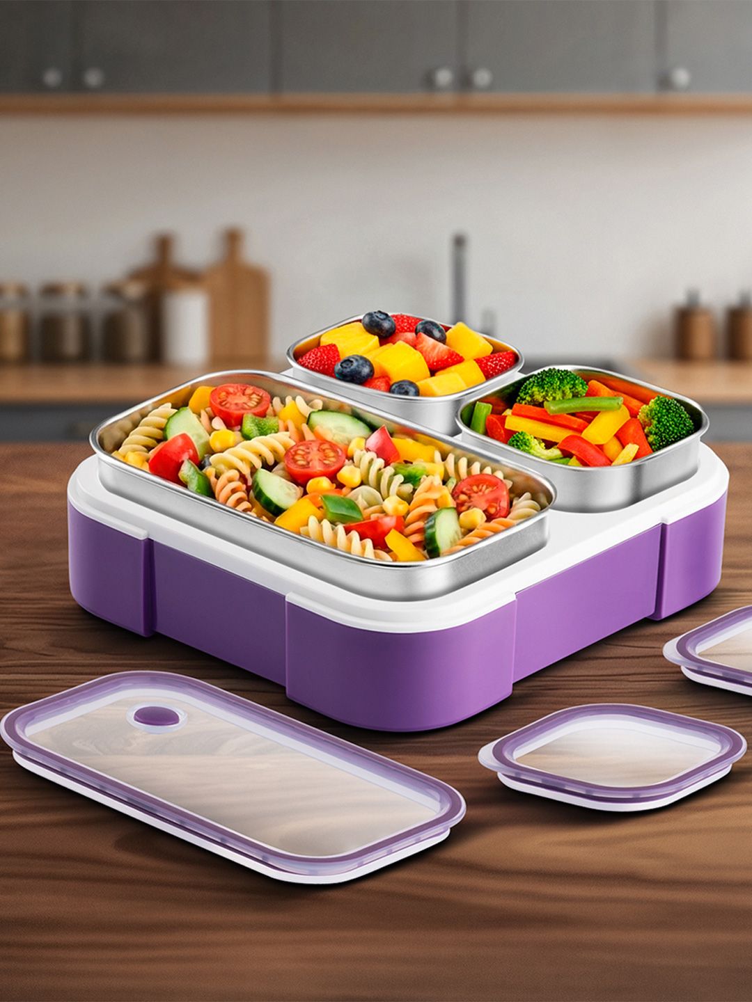 Vaya TYDBYT Purple Stainless Steel Bento Lunch Box With 3 Compartments- 650 ml-image-2