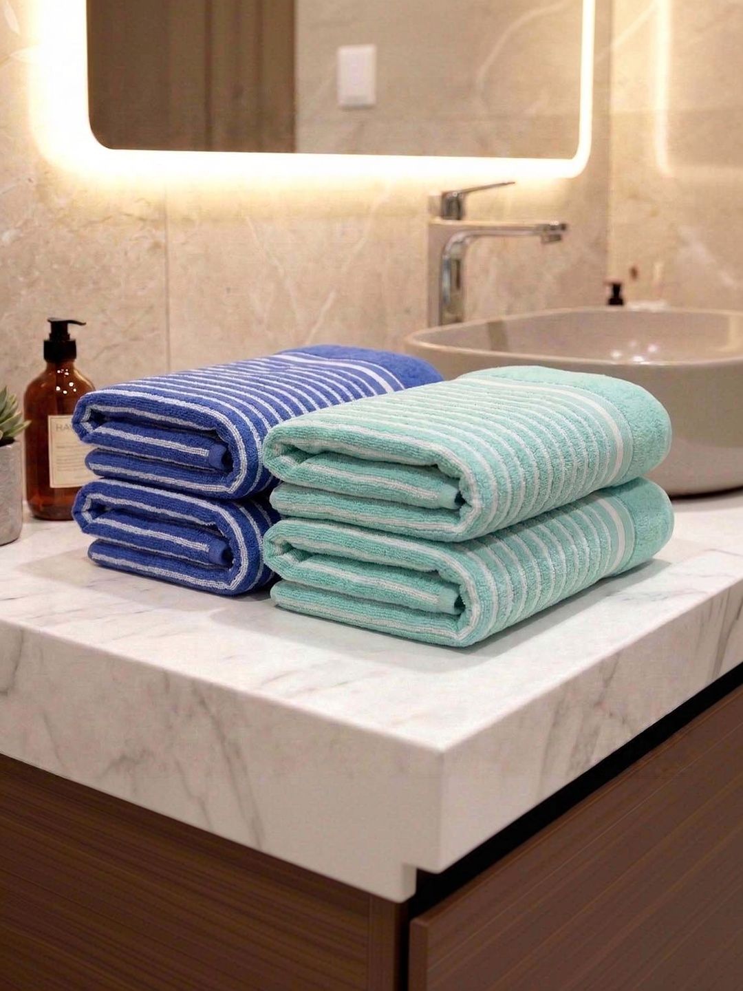 Athom Living 4 Pieces Blue Striped Cotton Hand Towels-image-14