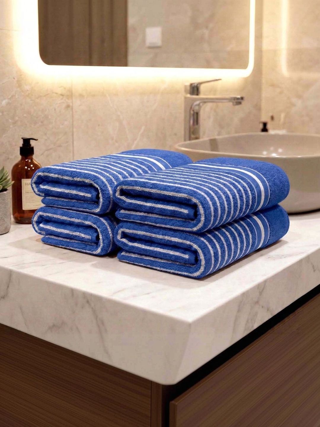 Athom Living 4 Pieces Blue Striped Cotton Hand Towels-image-13