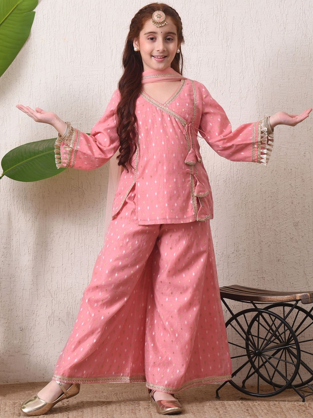 House of Pataudi Girls Woven Design V-Neck Kurti & Palazzos With Dupatta-picture-57