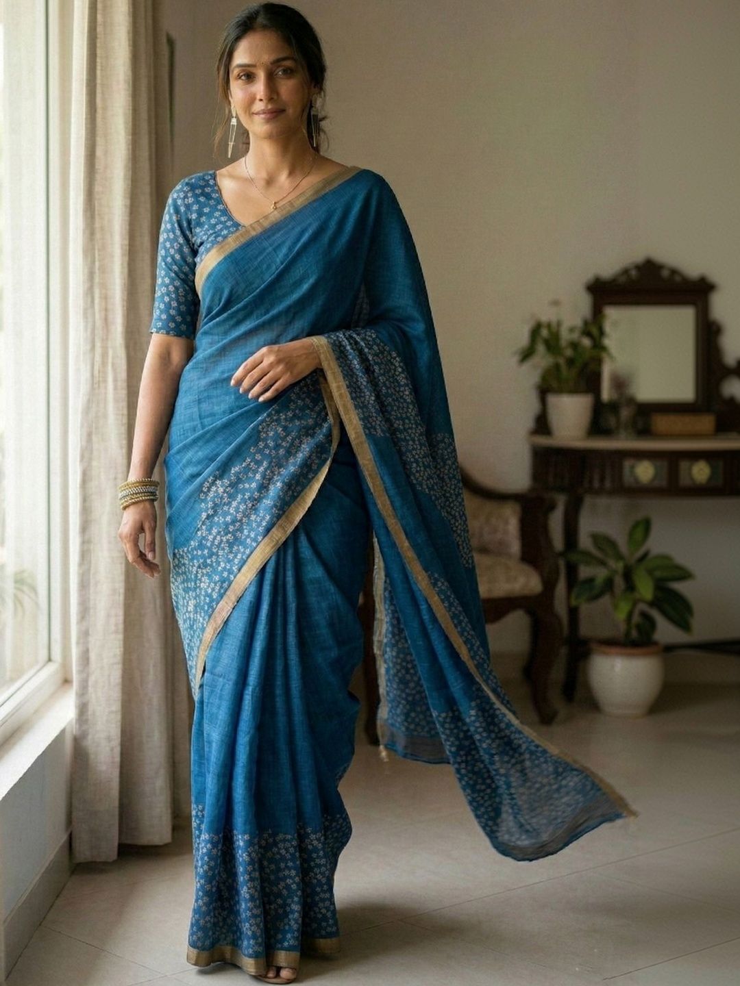 STITCH N SOULS Floral Linen Blend Designer Chanderi Saree-picture-56