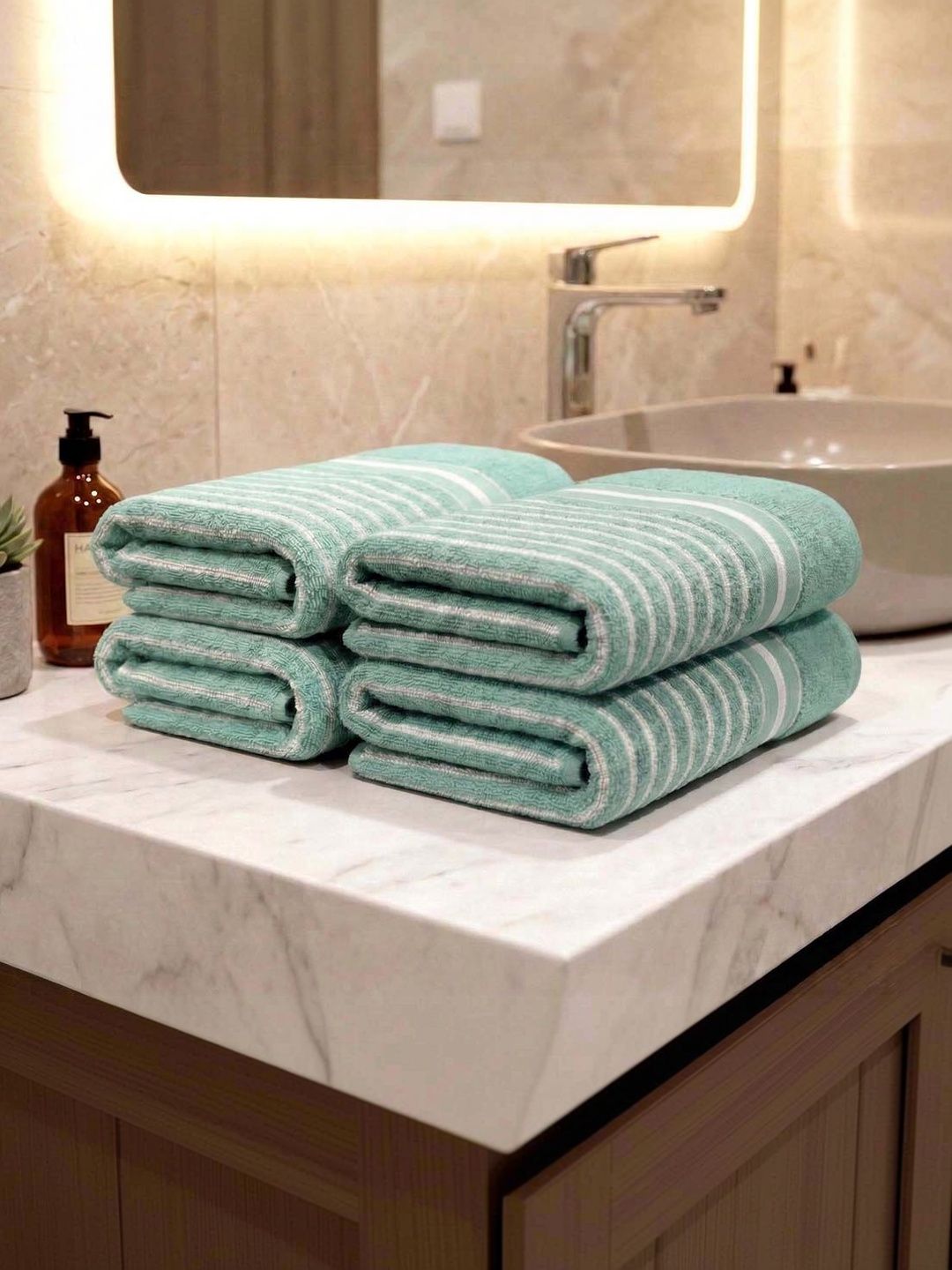 Athom Living 4 Pieces Sea Green Striped Cotton Hand Towels-image-13