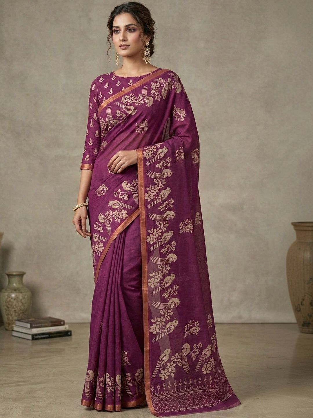STITCH N SOULS Floral Linen Blend Designer Chanderi Saree-picture-23
