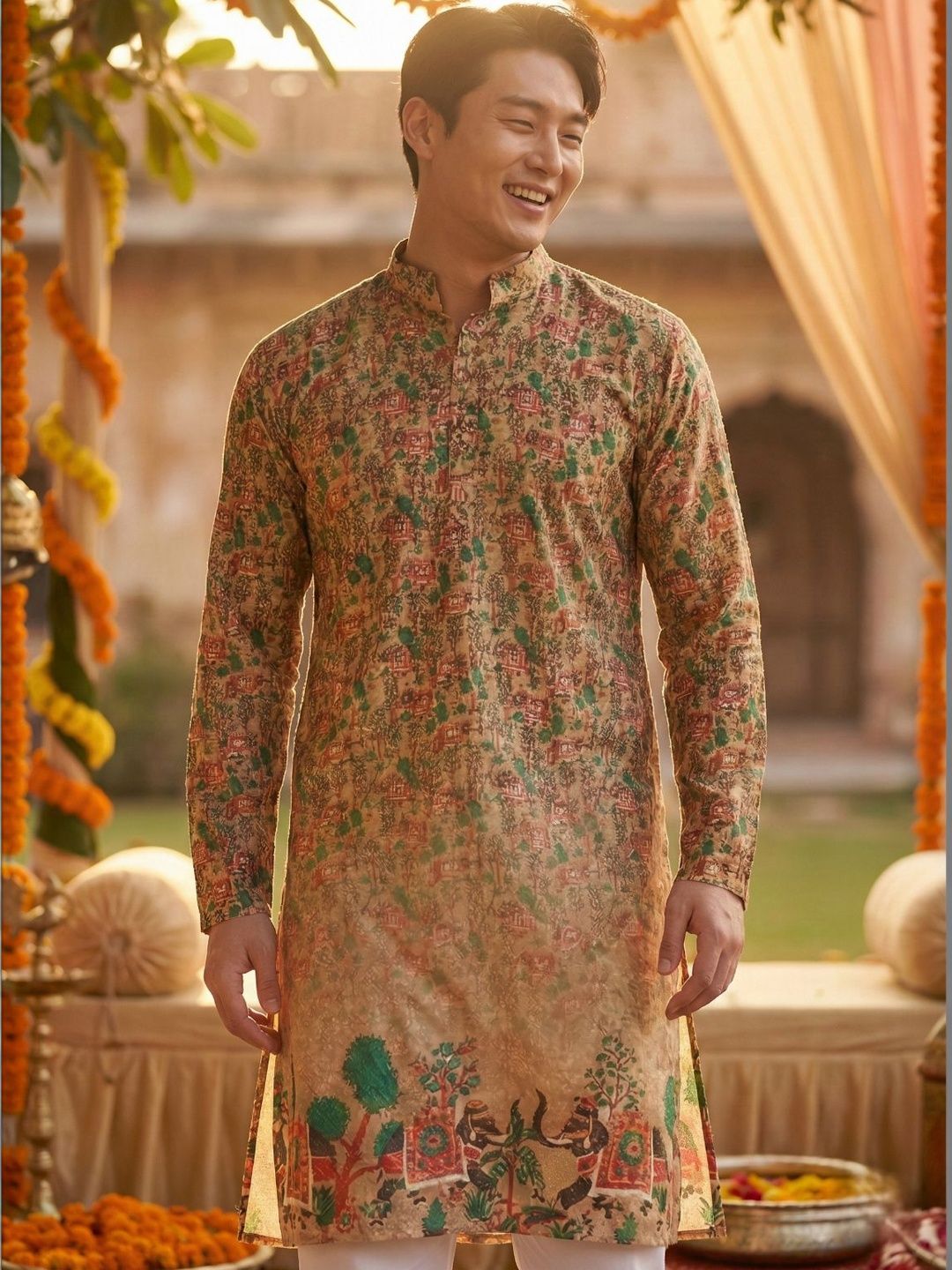KASMEN CO. Men Floral Embroidered Mandarin Collar Zari Kurta