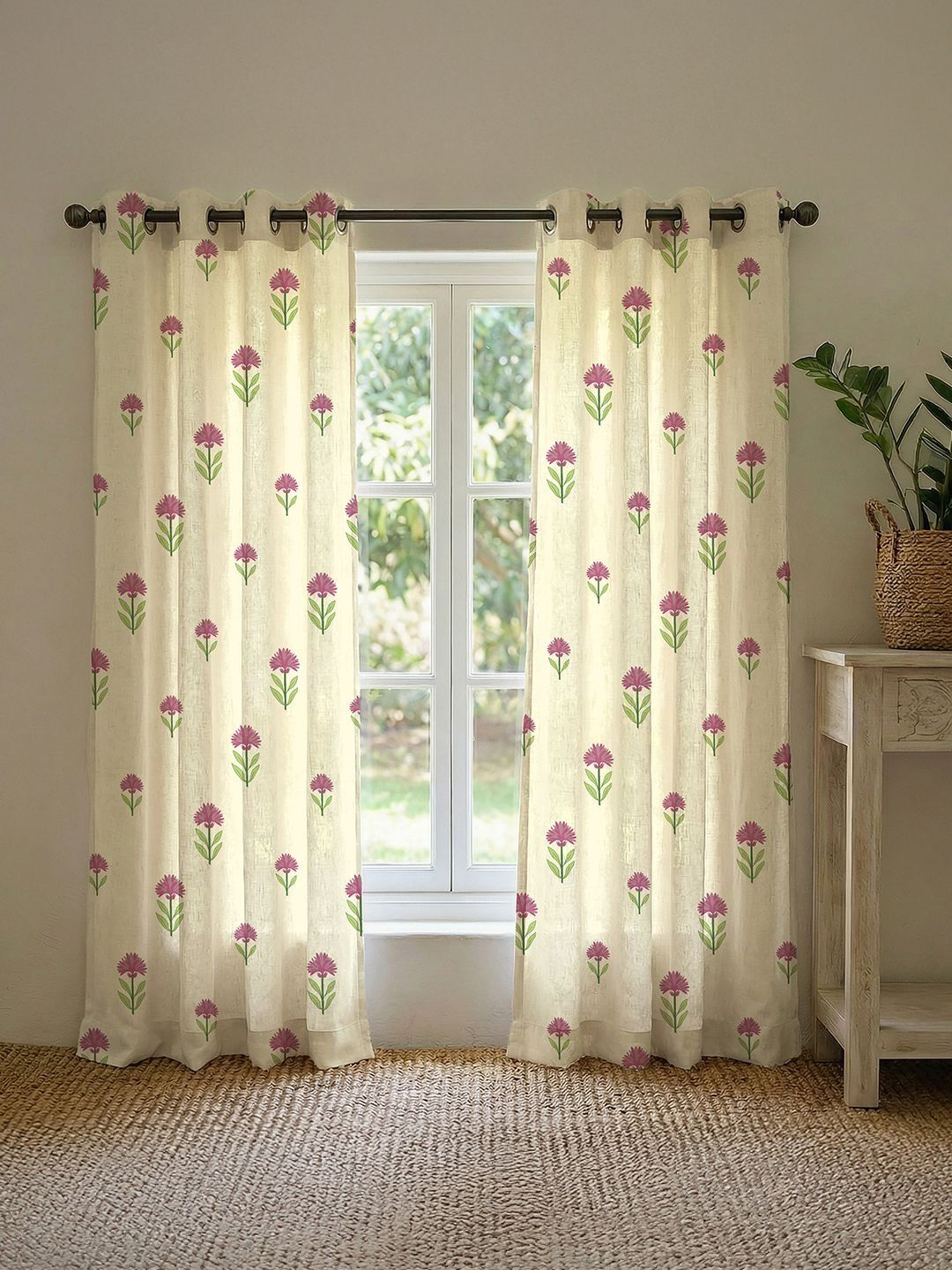URBAN SPACE Pink & White Set of 2 Floral Window Curtain-image-27