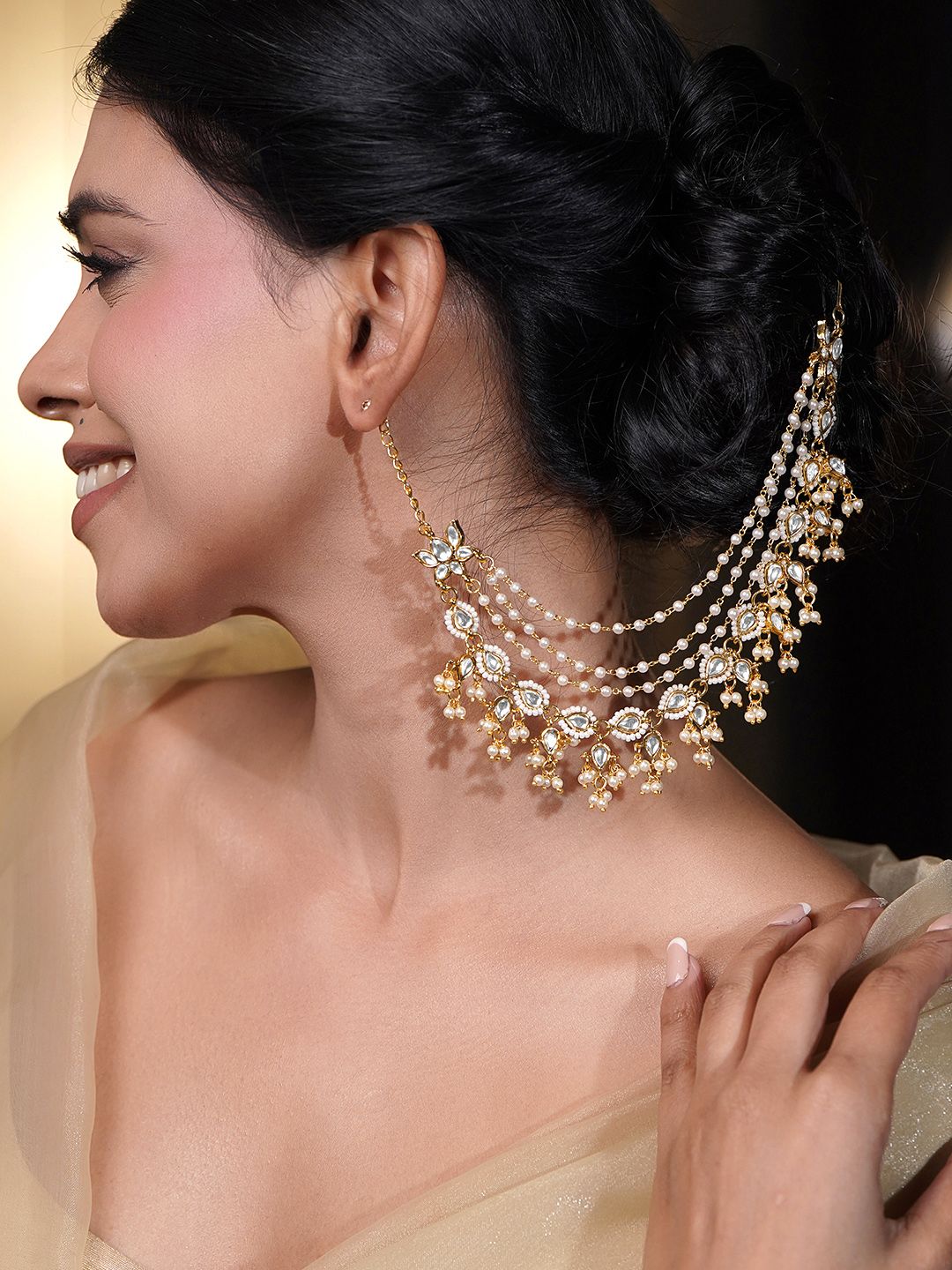 Rubans Women 18K Gold Plated Kundan Pearl Beaded Chain Earrings-picture-17