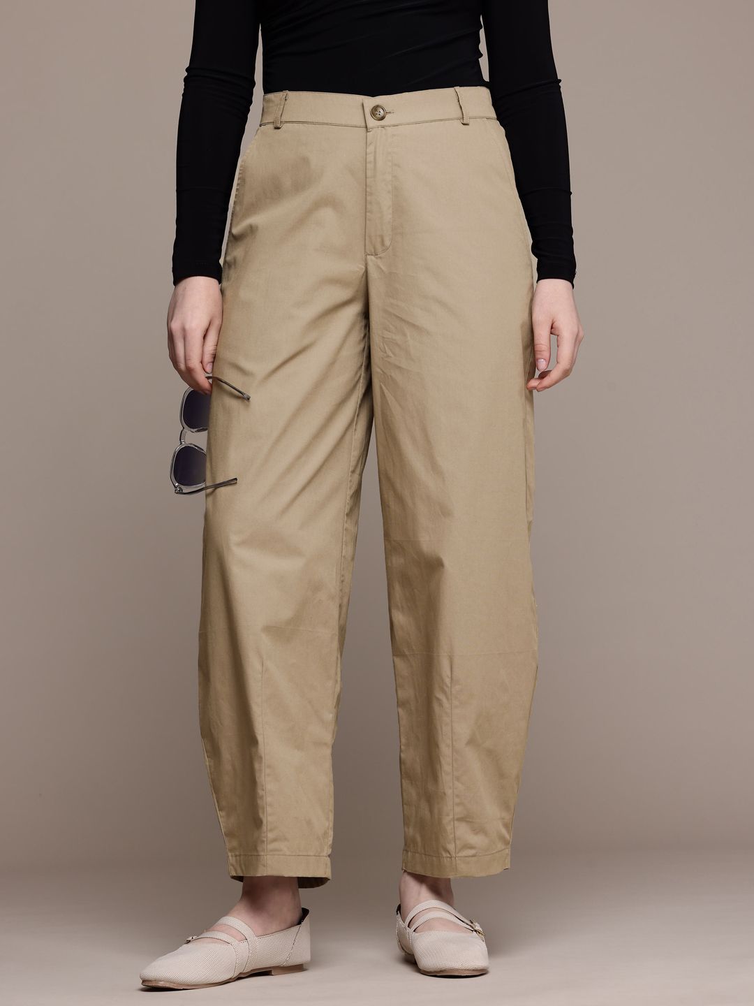 Popnetic Women Pure Cotton Barrel Fit High-Rise Chinos Trousers-picture-52