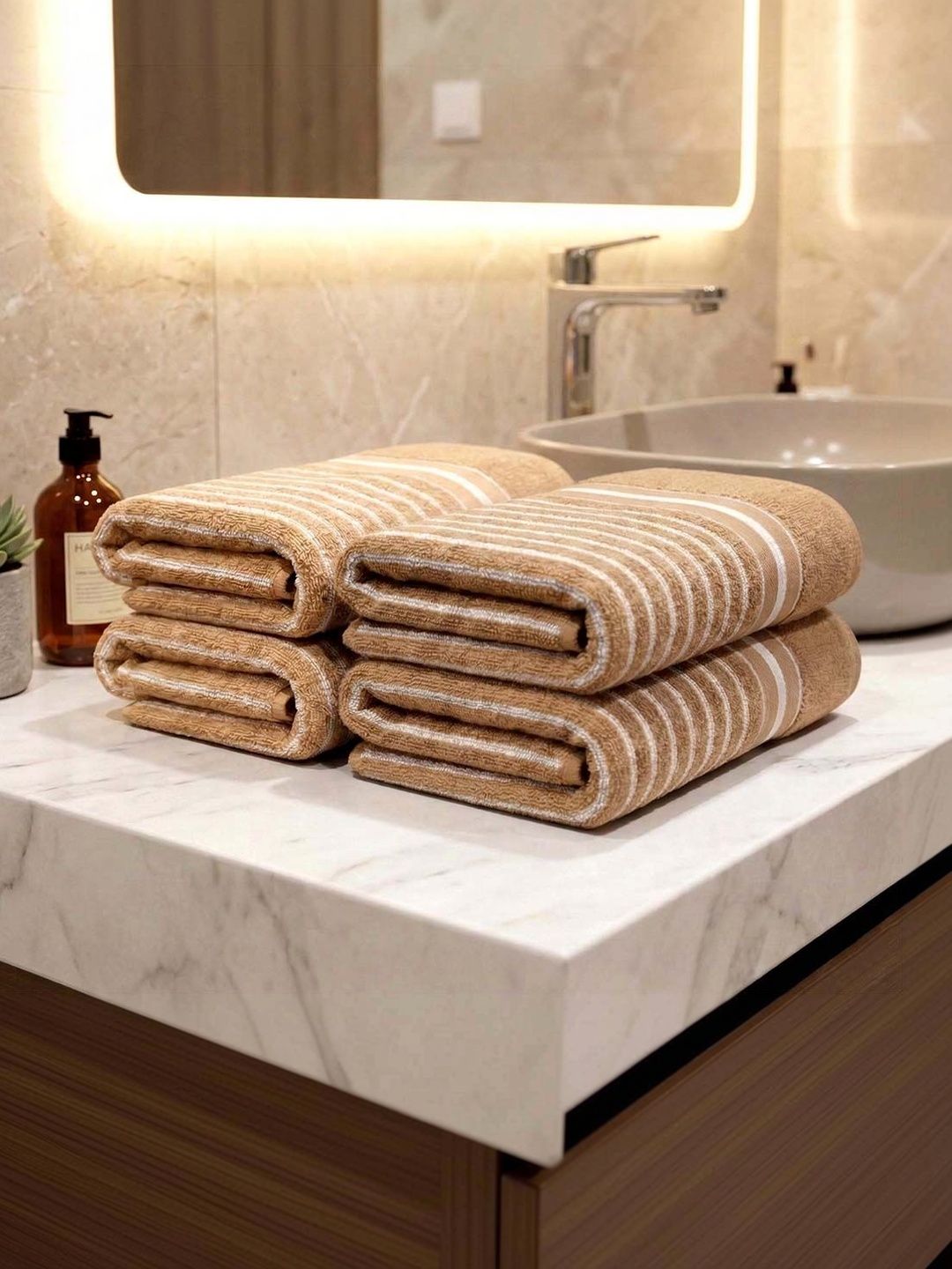 Athom Living 4 Pieces Beige Striped Cotton Hand Towels-image-25