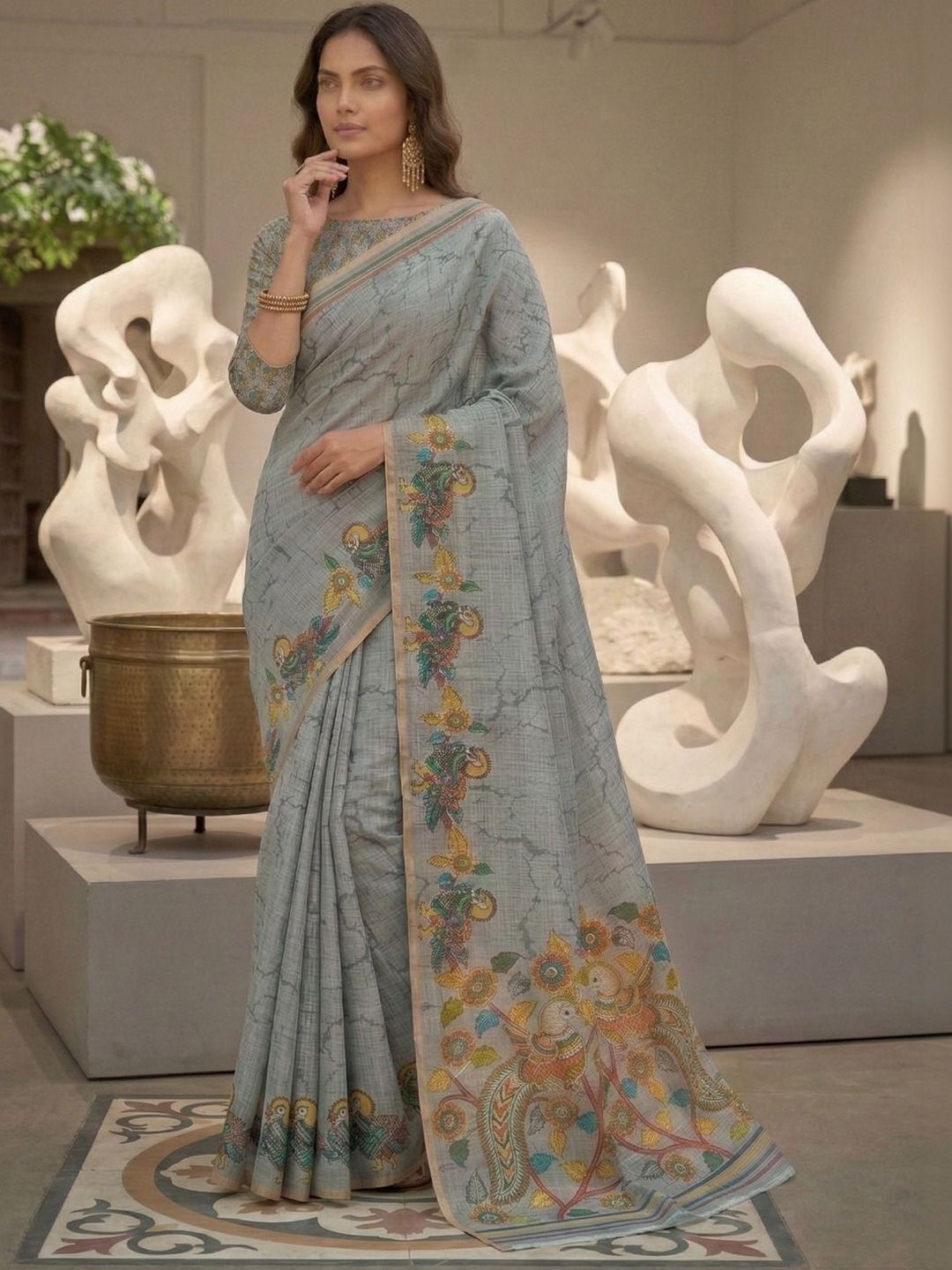 STITCH N SOULS Floral Linen Blend Designer Chanderi Saree-picture-30