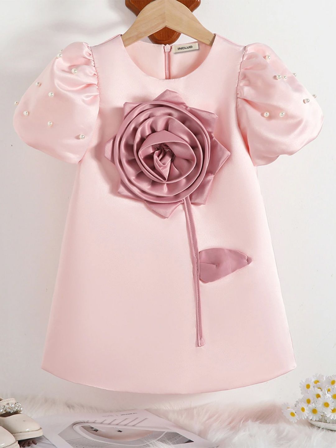 INCLUD Puff Sleeve Applique Satin Formal Dress-image-13
