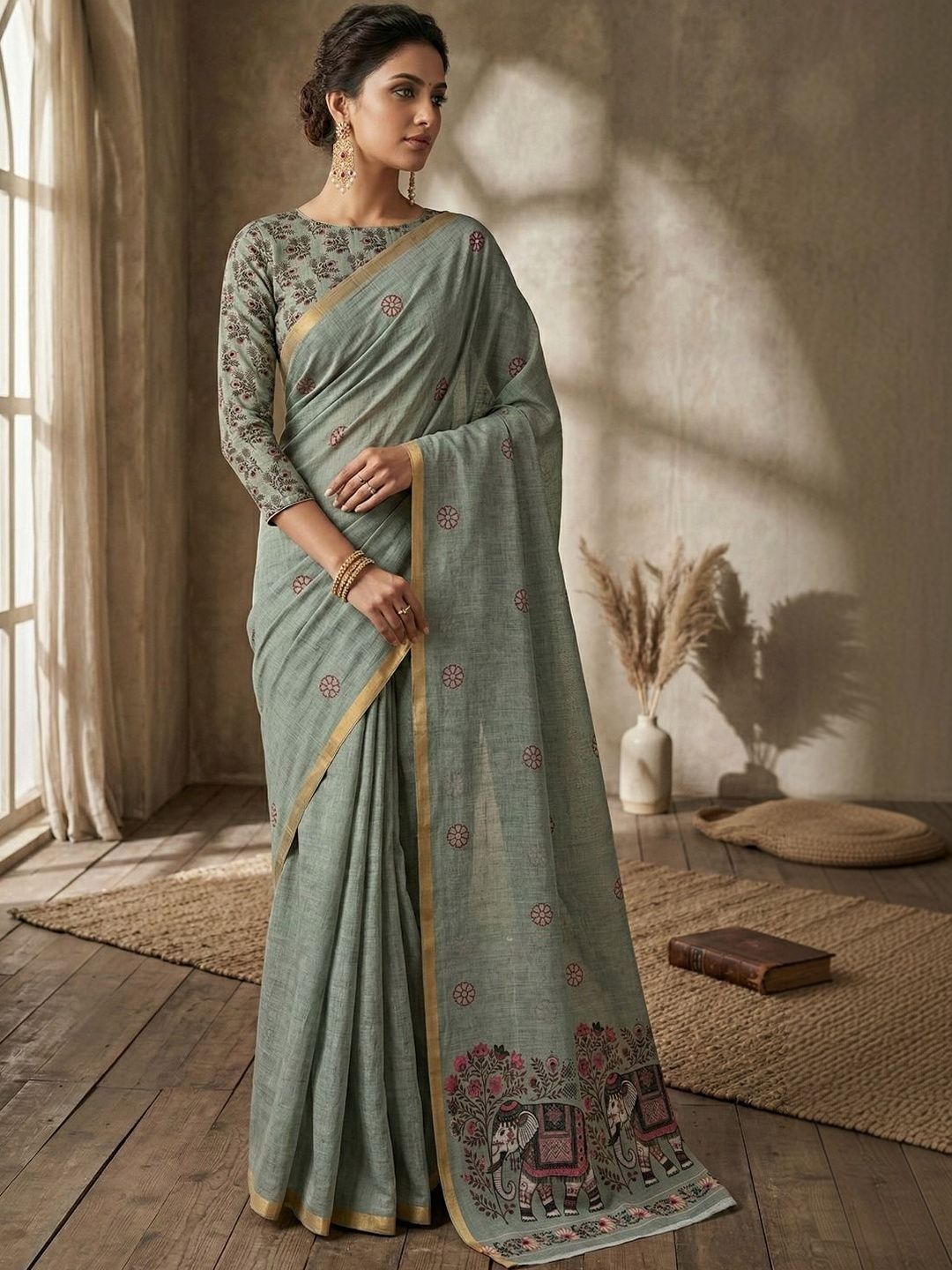 STITCH N SOULS Floral Linen Blend Designer Chanderi Saree-picture-29
